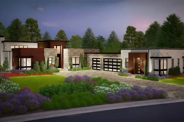 Modern single-story house with stone and wood facade, attached garages, and lush front garden.