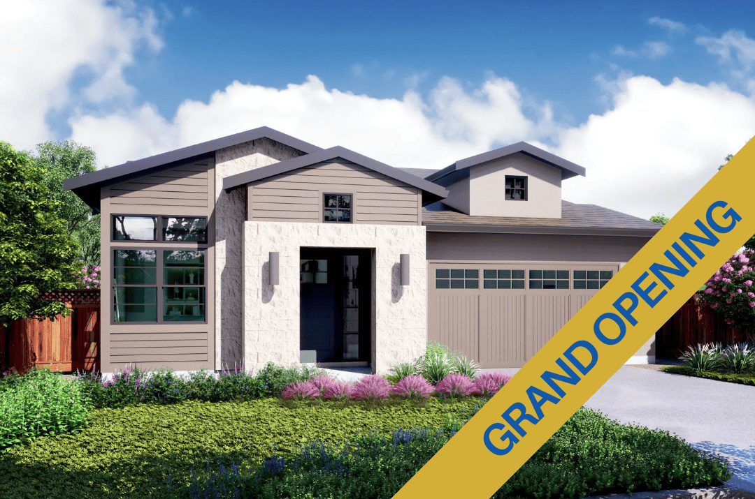 Modern single-family home with a two-car garage and landscaped front yard; a gold diagonal GRAND OPENING banner across the image.